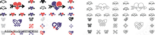 Varied set of intertwined heart and arrow symbols showcasing complex connections and pathways