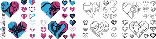 Angular and geometric heart icons with integrated circuit board patterns in vibrant cyan and magenta colors