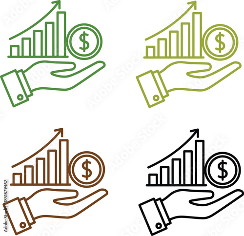 Financial growth icons with hands holding graphs and dollars