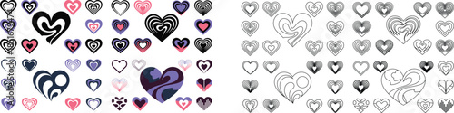 Collection of stylized heart shapes featuring black, pink, and purple colors with wavy patterns
