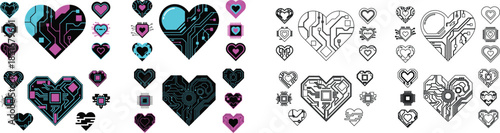 Heart icons showcasing intricate circuit board patterns and microchip elements in varied color combinations