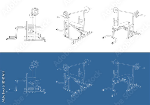 Perspective Bench Press Rack and Weightlifting Station Drawing
