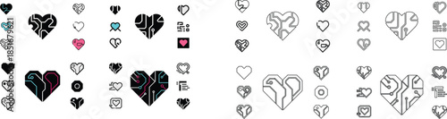 Stylized heart symbols incorporating streamlined circuit board pathways and minimalist electronic elements