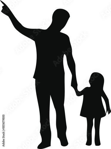 Guiding Light: Silhouette of a father, holding a child's hand, pointing toward a hopeful horizon, symbolizing guidance, protection and parental care.