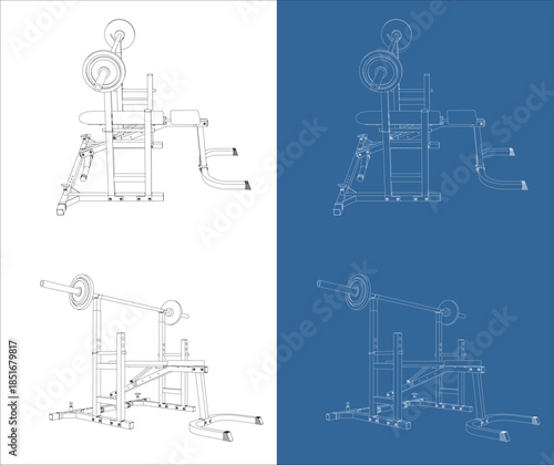Isometric Bench Press Gym Equipment Technical Drawing Blueprint