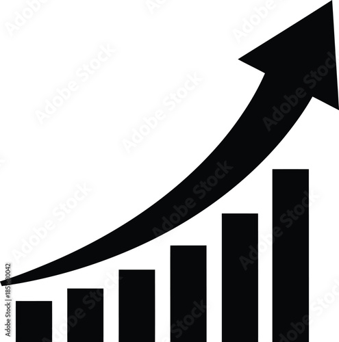 A black arrow trending upwards over a bar graph on a white background
