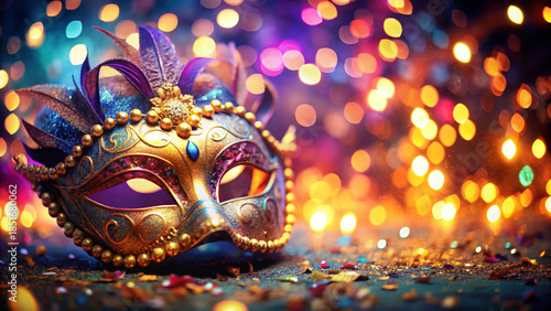 Carnival - Venetian Mask With Bokeh Lights - Masquerade Disguise With Confetti On Abstract Defocused Background
