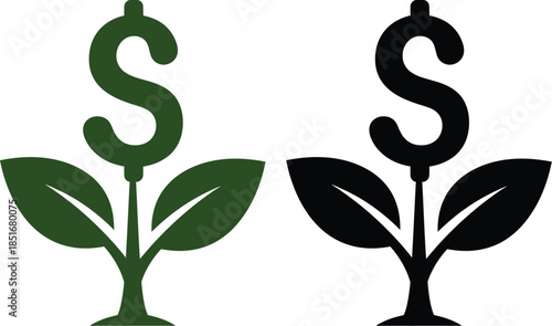 Green and black dollar plant icons for financial growth and investment