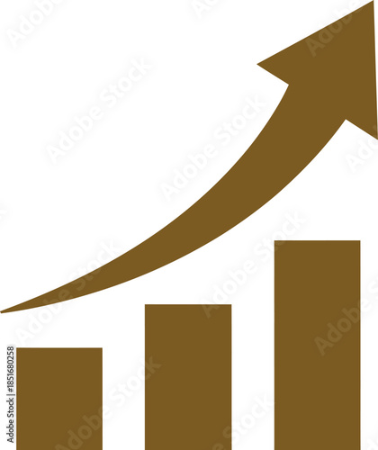 A brown arrow pointing up and three bars on a white background indicating growth and progress