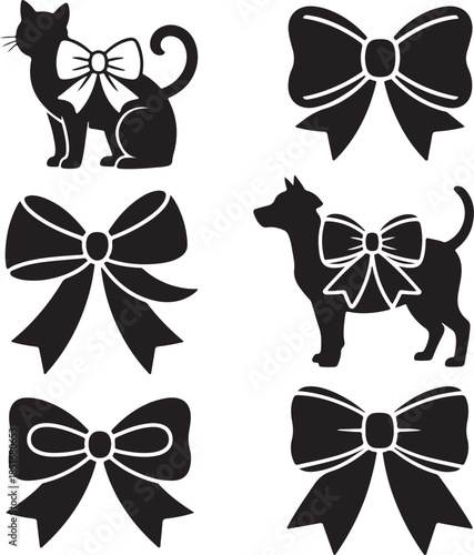 Cute cat and dog silhouettes with decorative bows isolated on transparent