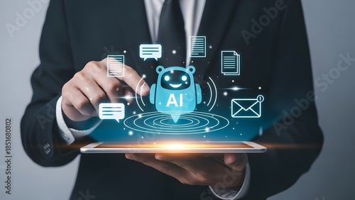 Businessman interacting with holographic artificial intelligence chatbot icons on a digital tablet