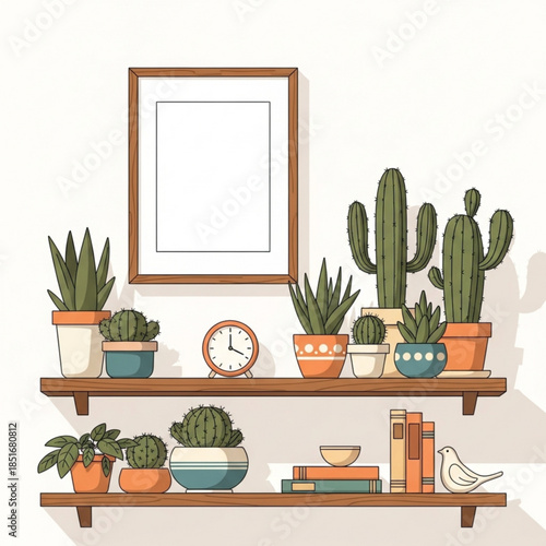 Plant Life and Frame:  A curated shelf with various cacti, potted plants and decorative elements with framed picture.