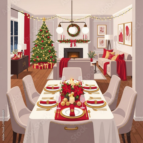 Festive Dining: Christmas Eve scene with elegant table setting, Christmas tree and cozy fireplace, all adorned with decorations, inviting the warmth of the holiday season.