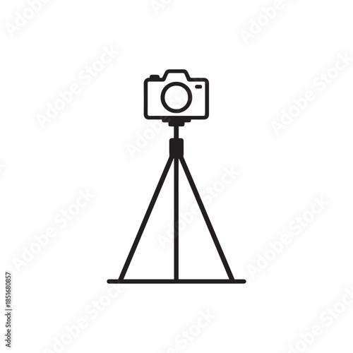 Black outline icon of a digital camera mounted on a tripod, symbolizing photography