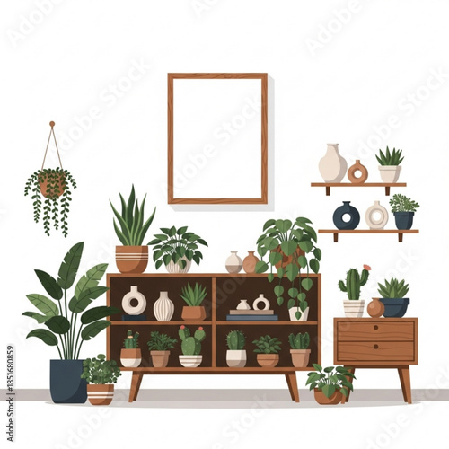 Botanical Harmony: A minimalist composition showcases an array of indoor plants, nestled amongst artful decorations. A serene tableau of nature-inspired elegance and the embrace of indoor greenery.