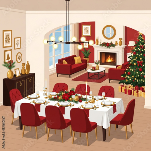 Festive Gathering: A warmly lit, inviting illustration of a Christmas-themed living and dining area, ready for a seasonal feast.