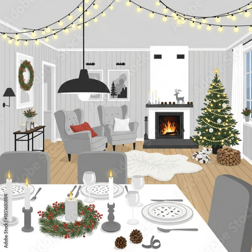 Cozy Christmas Interior: A warm, inviting illustration of a festive living and dining room decorated for Christmas, complete with a twinkling tree, fireplace, and beautifully set dining table.