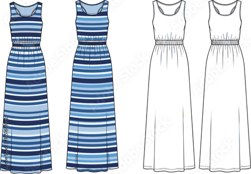 Vector Technical Flat Sketch of Sleeveless Scoop Neck Striped Maxi Dress with Shirred Elastic Waistband: Fashion Apparel CAD Template