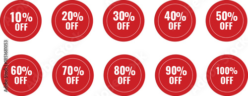 Red Circular Sale Discount Badges Set with 10 to 100 Percent Off Labels, Promotional Round Stickers Vector EPS