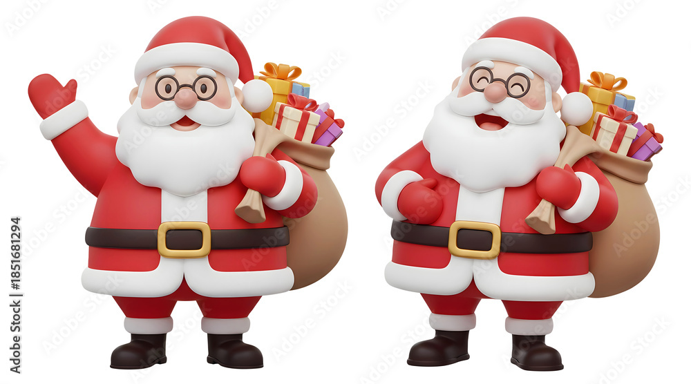 Obraz premium 3D cartoon cute Santa wearing glasses set holding sack of gifts isolated on transparent background, PNG file