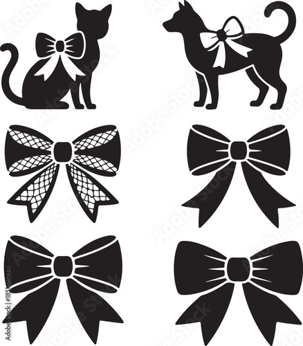 Cute cat and dog silhouettes with decorative bows and ribbons