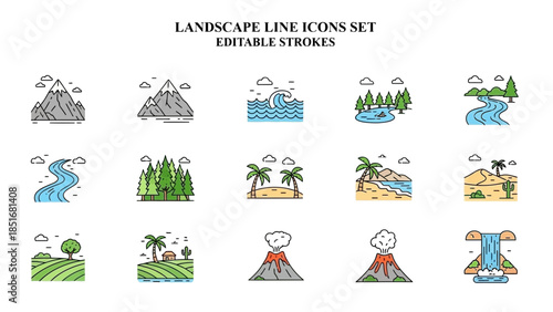 Collection of fifteen stylized natural landscape icons including mountains rivers and tropical scenes on transparent background