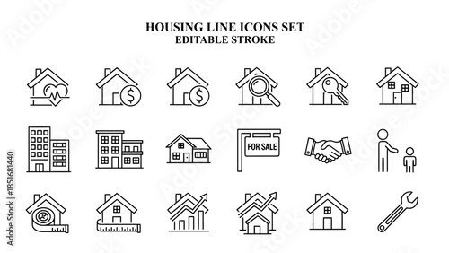 Various white line icons related to finance growth charts and business planning on transparent background