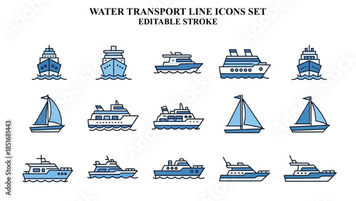 Collection of various maritime transportation icons including yachts cruise ships and sailboats on transparent background