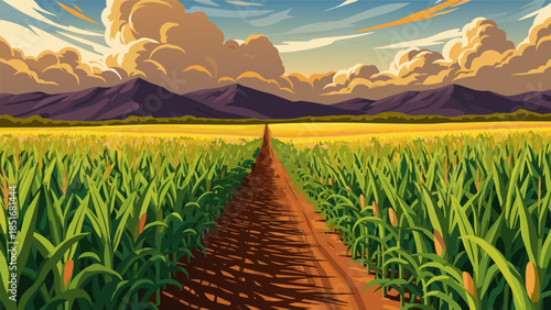 A dirt path leads through a vibrant green cornfield towards distant purple mountains under a dramatic, cloud-filled sky.