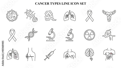 Collection of medical outline icons representing cancer types research and awareness on transparent background