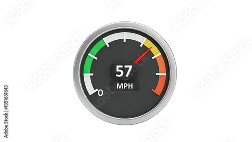 Speedometer Showing 57 MPH on White Background