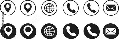 Essential Communication Icons: A set of six elegant, minimalist icons representing crucial modes of communication. The collection includes location markers, globe, telephone, and envelope symbols.