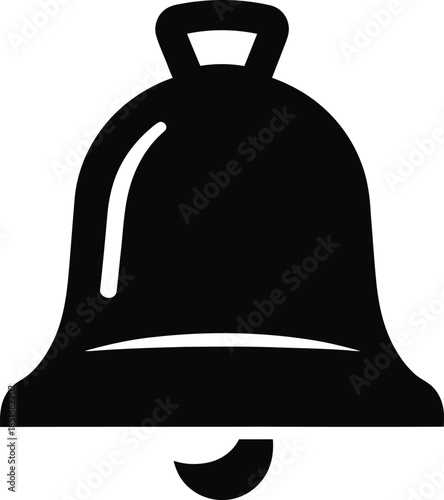 Black silhouette icon of a bell with a clapper on a white background Keywords: bell, alarm, notification, sound, alert, icon, symbol, silhouette, black and white, graphic, design element, object