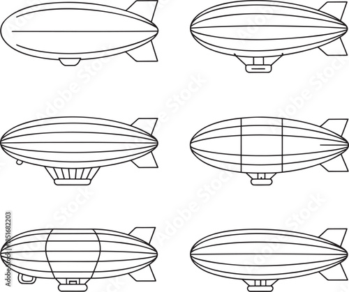 Set of Rigid airships loaders Outline vector illustration isolated On Transparent Background