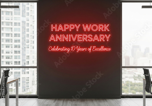 Red neon sign on office wall reads 