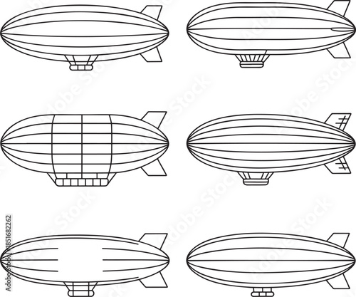 Set of Rigid airships loaders Outline vector illustration isolated On Transparent Background