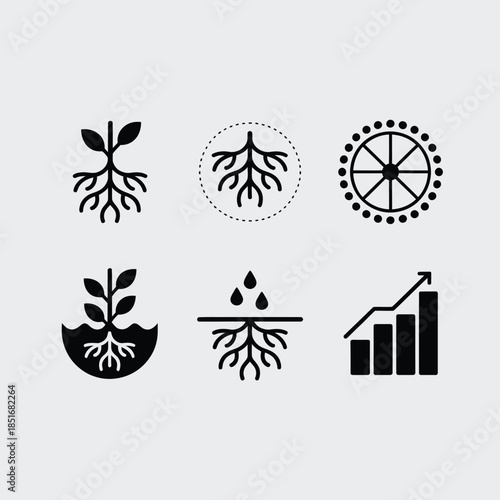 A collection of black icons depicting growth roots and progress