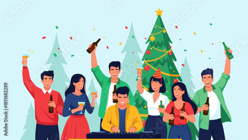 A diverse group of friends celebrating a festive holiday party with drinks and confetti around a decorated Christmas tree.
