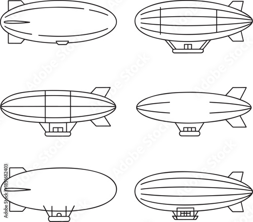 Set of Rigid airships loaders Outline vector illustration isolated On Transparent Background