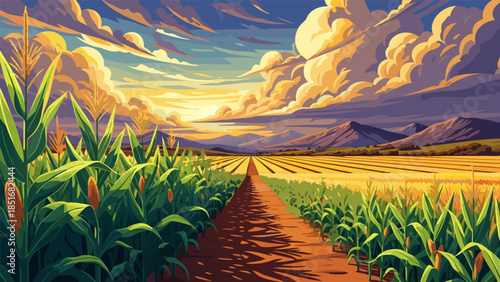 A dirt path leads through a vibrant cornfield towards distant mountains under a dramatic, cloud-filled sunset sky.