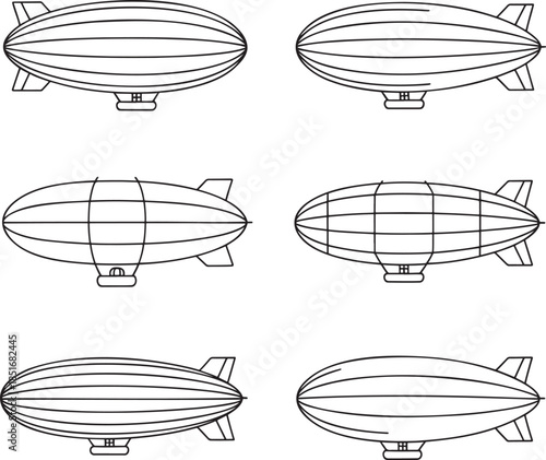 Set of Rigid airships loaders Outline vector illustration isolated On Transparent Background