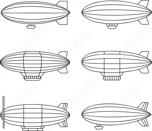 Set of Rigid airships loaders Outline vector illustration isolated On Transparent Background