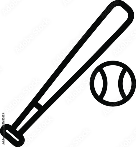 Black outline of a baseball bat and ball on a white background Keywords: baseball, sport, game, bat, ball, equipment, outline, icon, symbol, illustration, vector, graphic, design, isolated, white