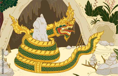 The green Thai water dragon coils around a stone pillar in front of the dark cave in the forest. This illustration is a Thai art painting style, a representation of the Thai Zodiac year.