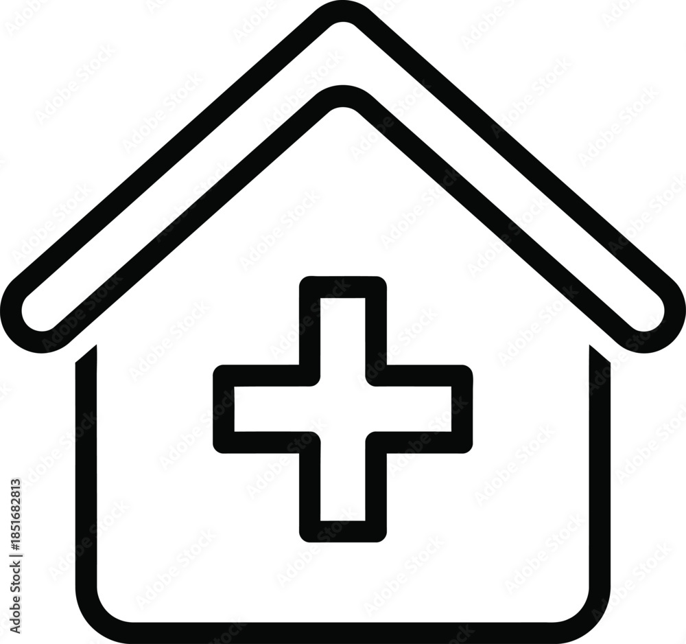 Obraz premium Outline Icon of a House with a Medical Cross Symbol on a White Background Keywords: hospital, medical, healthcare, clinic, health, building, house, cross, symbol, icon, outline, drawing