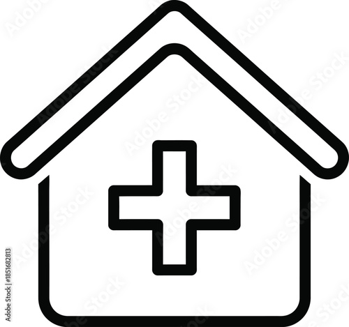 Outline Icon of a House with a Medical Cross Symbol on a White Background Keywords: hospital, medical, healthcare, clinic, health, building, house, cross, symbol, icon, outline, drawing