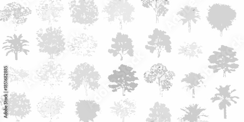 A collection of grayscale tree silhouettes against a plain white background