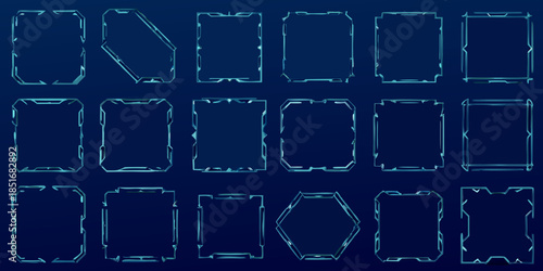 Collection of glowing neon frames with varying shapes and sizes on a dark background