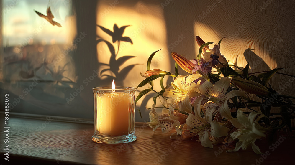 Fototapeta premium White lilies and candle at funeral sunset concept. A serene moment with a candle and blooming flowers on a table.