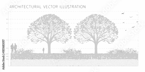 Architectural landscape illustration featuring trees people and a grid background